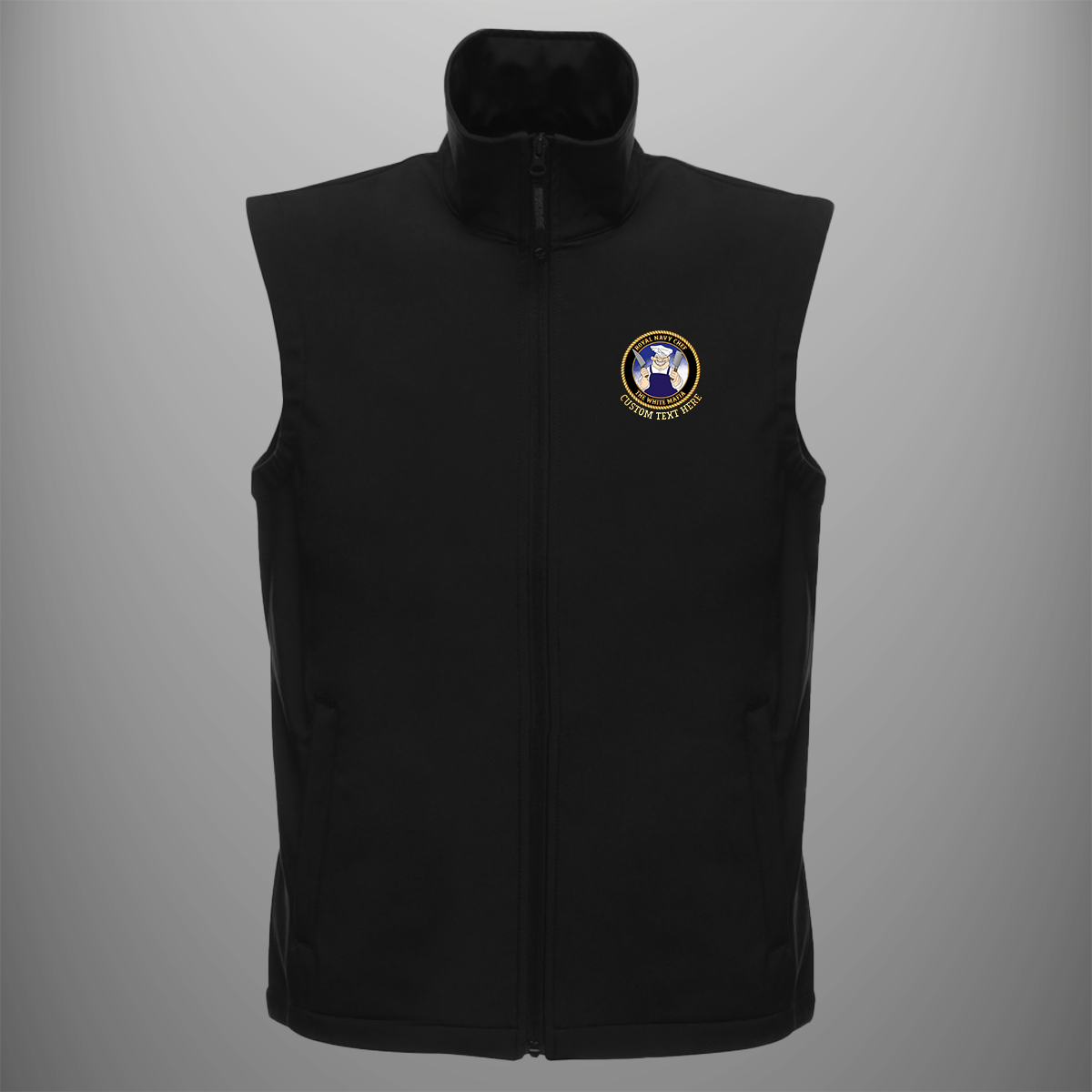 Royal Navy Chefs 'White Mafia' soft shell body warmer in black — front view