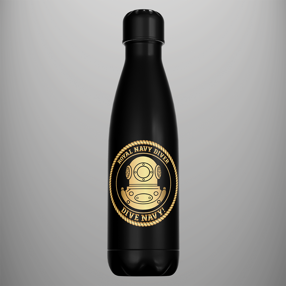 Black Royal Navy Diver water bottle with gold Dive Navy helmet emblem
