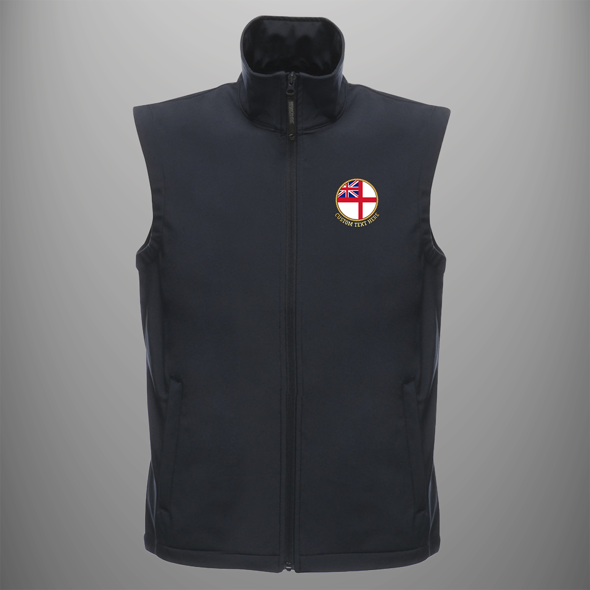 Royal Navy Ensign soft shell body warmer in navy blue — front view