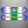 Royal Navy Falklands Veteran personalised bottle opener with Falkland Islands emblem, two figures carrying White Ensigns and example gold custom text on the reverse