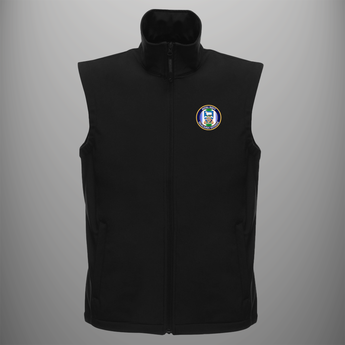 Royal Navy 'Falklands Veteran' soft shell body warmer in black — front view