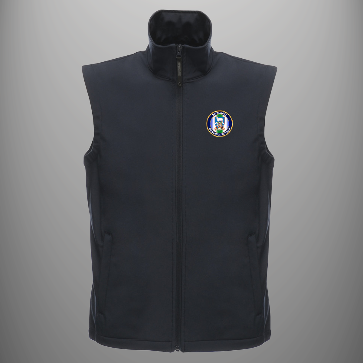 Royal Navy 'Falklands Veteran' soft shell body warmer in navy blue — front view
