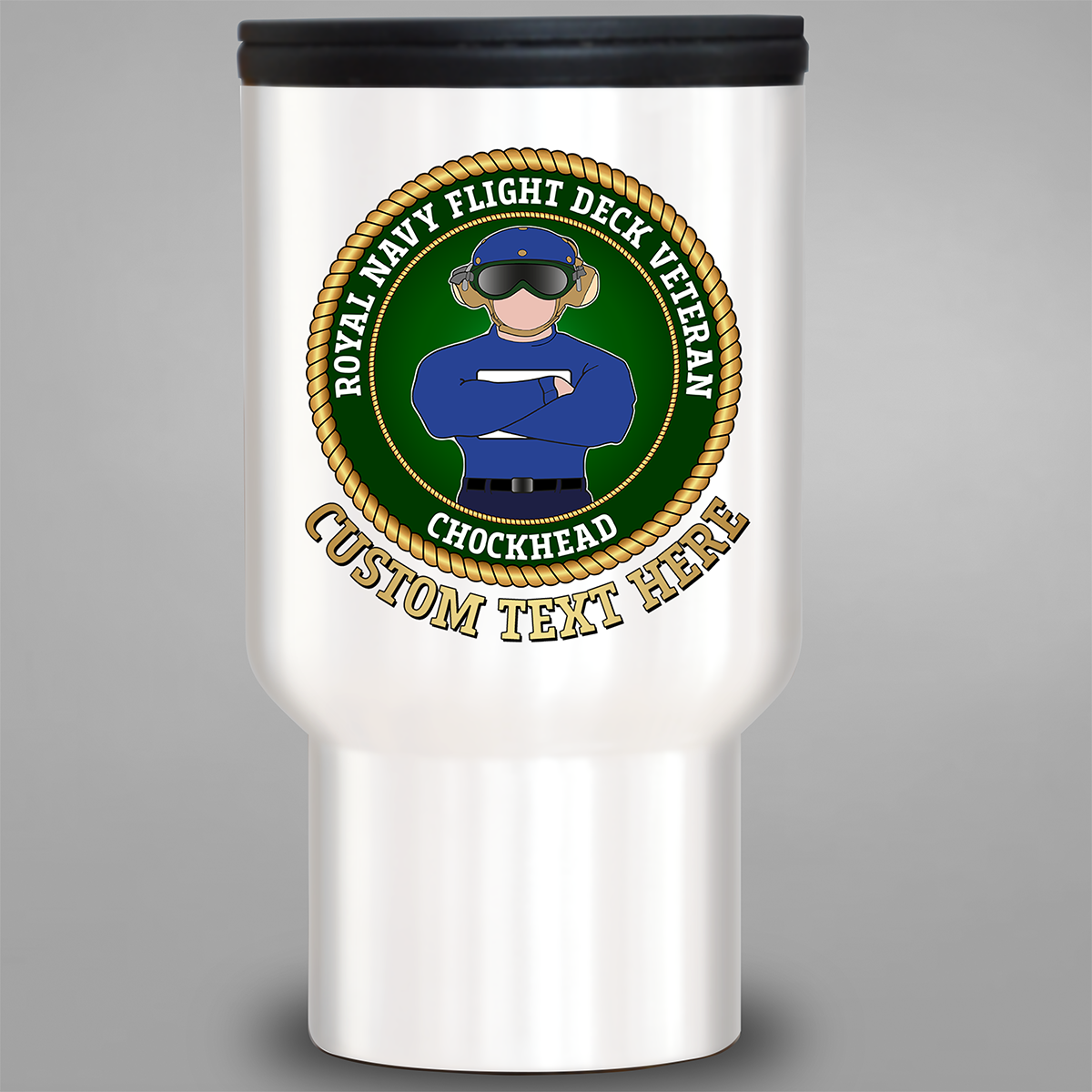 Blue Royal Navy Flight Deck Veteran Chockhead personalised travel mug
