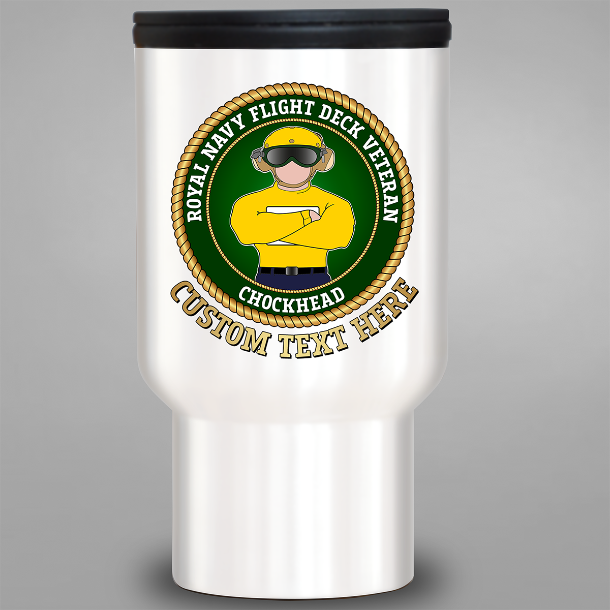 Yellow Royal Navy Flight Deck Veteran Chockhead personalised travel mug