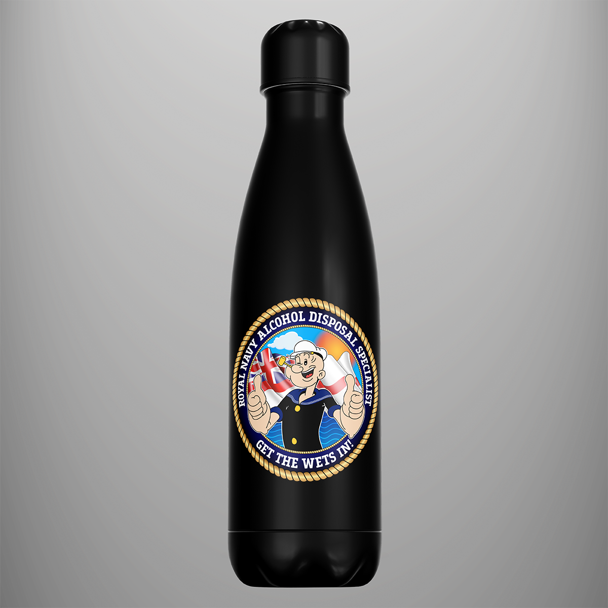 Black Royal Navy Get the Wets In water bottle with Alcohol Disposal Specialist sailor design