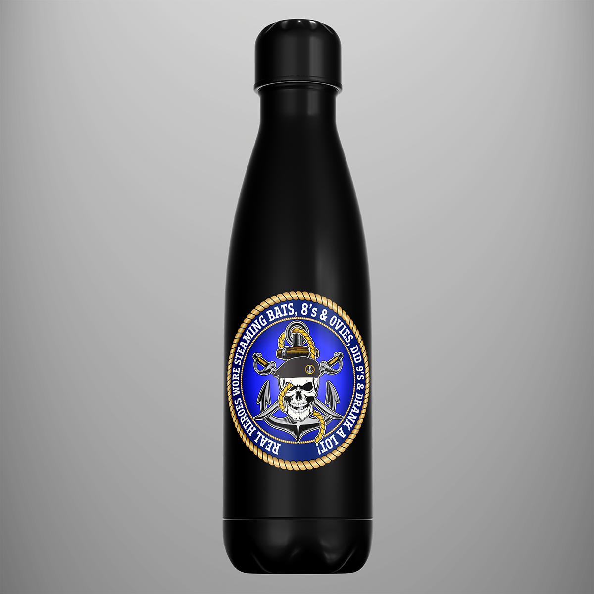 Black Royal Navy Real Heroes water bottle with blue and gold skull and anchor emblem