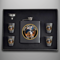 Royal Navy Rum Rat black hip flask gift set in presentation case with four matching shot cups and funnel