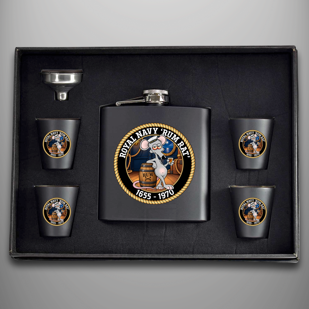 Royal Navy Rum Rat black hip flask gift set in presentation case with four matching shot cups and funnel