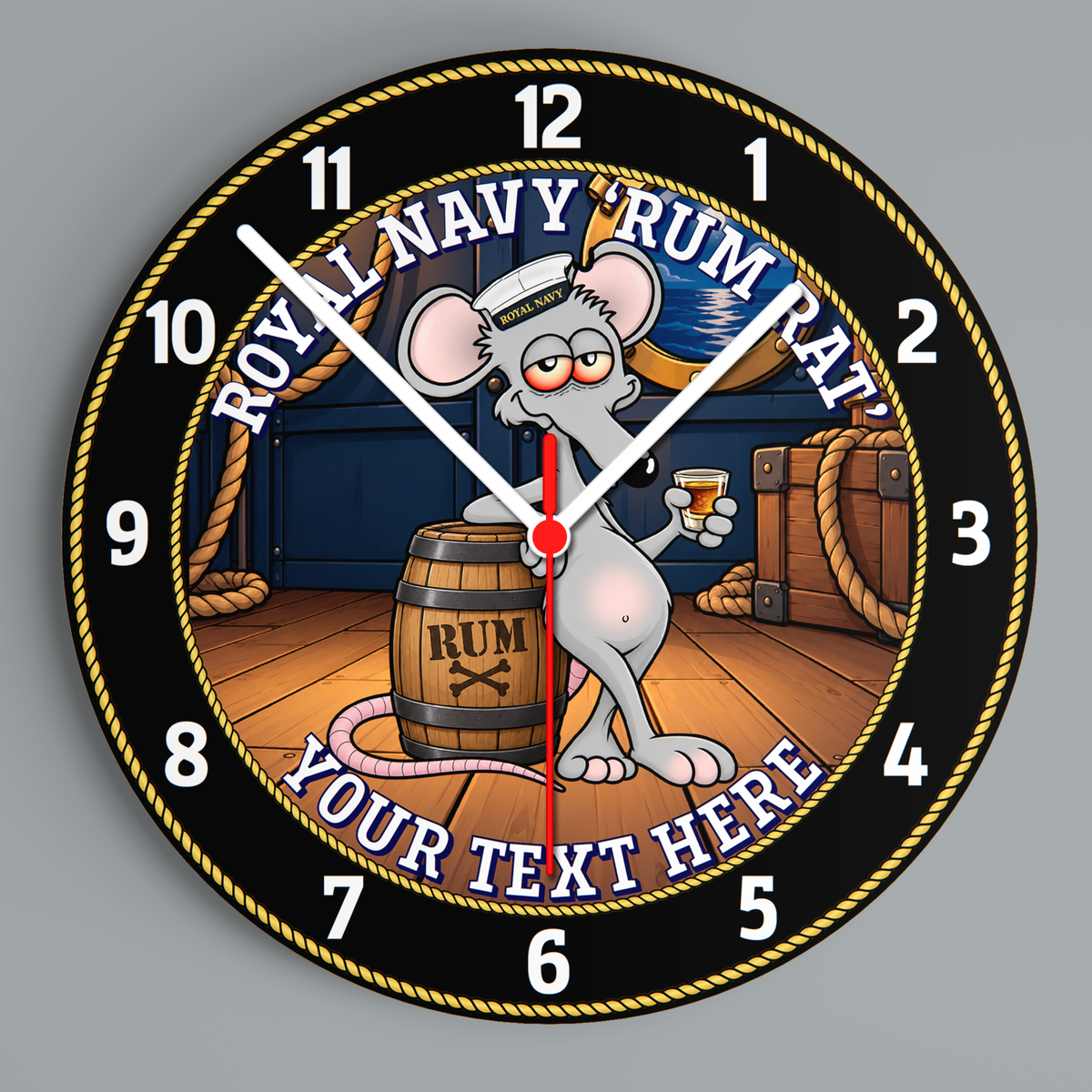 Royal Navy Rum Rat personalised glass wall clock with cartoon naval rat, rum barrel and custom text placeholder