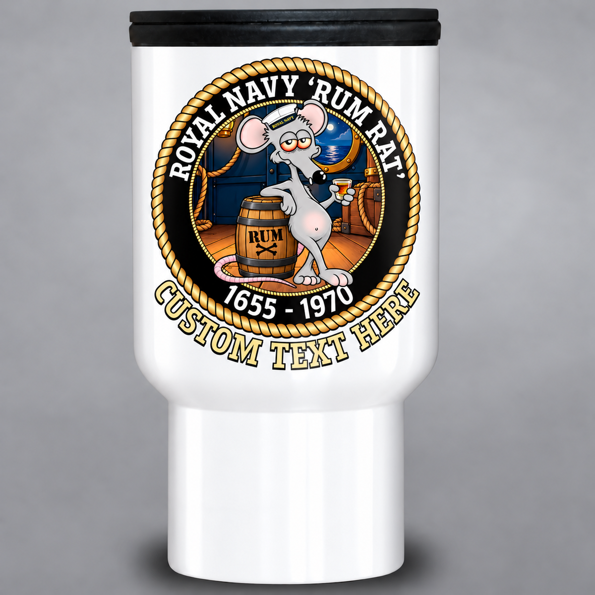 Royal Navy Rum Rat personalised white travel mug featuring cartoon rat with rum barrel, 1655–1970 and custom text placeholder