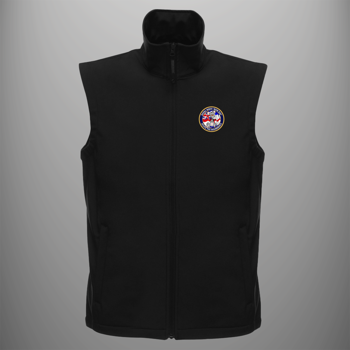 Royal Navy 'Rum Rat' soft shell body warmer in black — front view