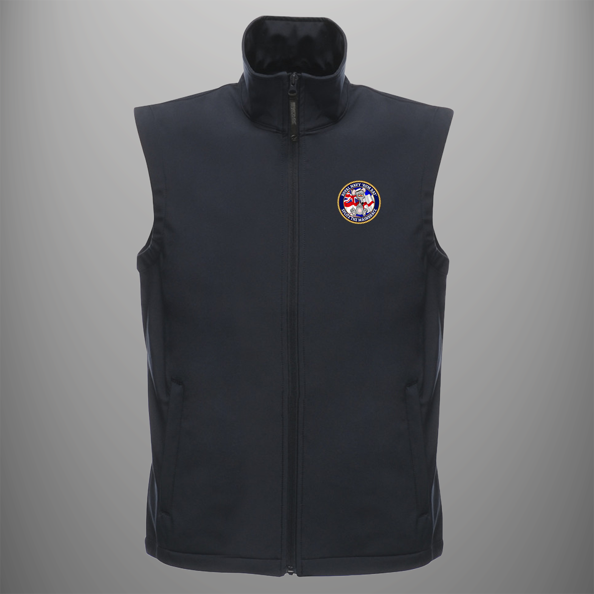 Royal Navy 'Rum Rat' soft shell body warmer in navy blue — front view