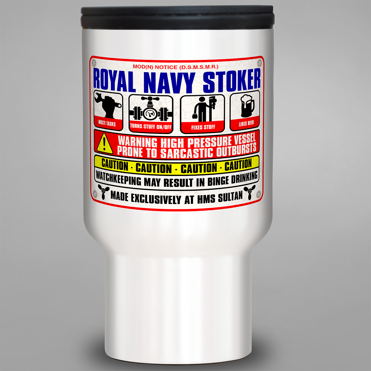 Royal Navy Stoker warning sign travel mug