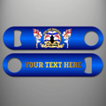 Blue Royal Navy Submariner personalised bottle opener showing a submarine silhouette, 'We Come Unseen' ribbon and two female figures carrying White Ensigns, with gold personalisation example on reverse