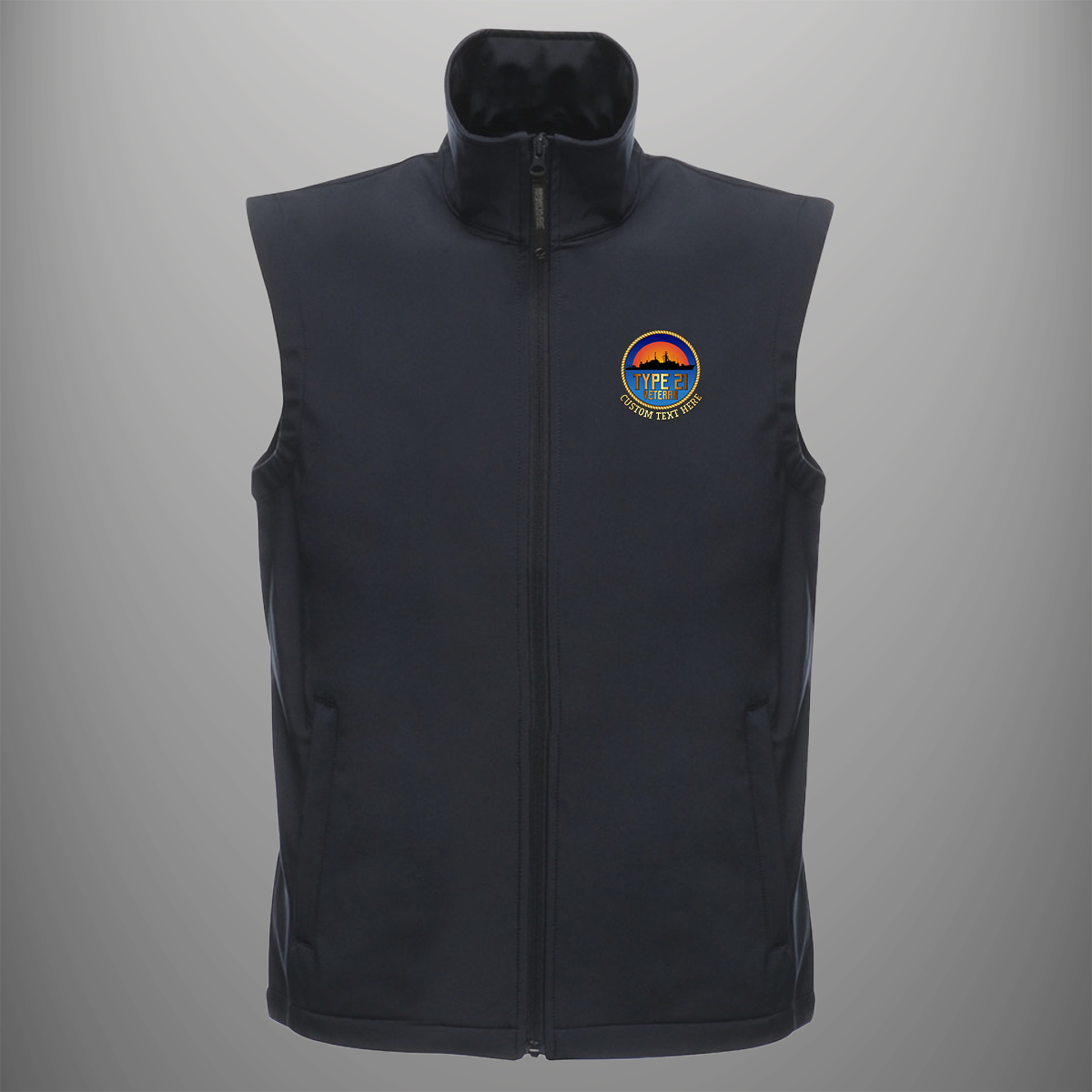 Royal Navy 'Type 21 Veteran' soft shell body warmer in navy blue — front view