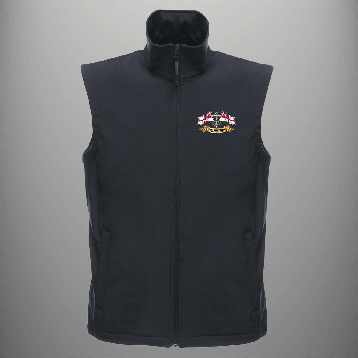 Royal Navy Veteran 'Ensigns' soft shell body warmer in navy blue — front view