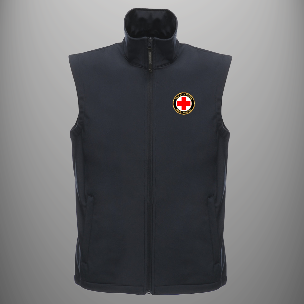 Royal Navy Veteran 'Medical Assistant' soft shell body warmer in navy blue — front view