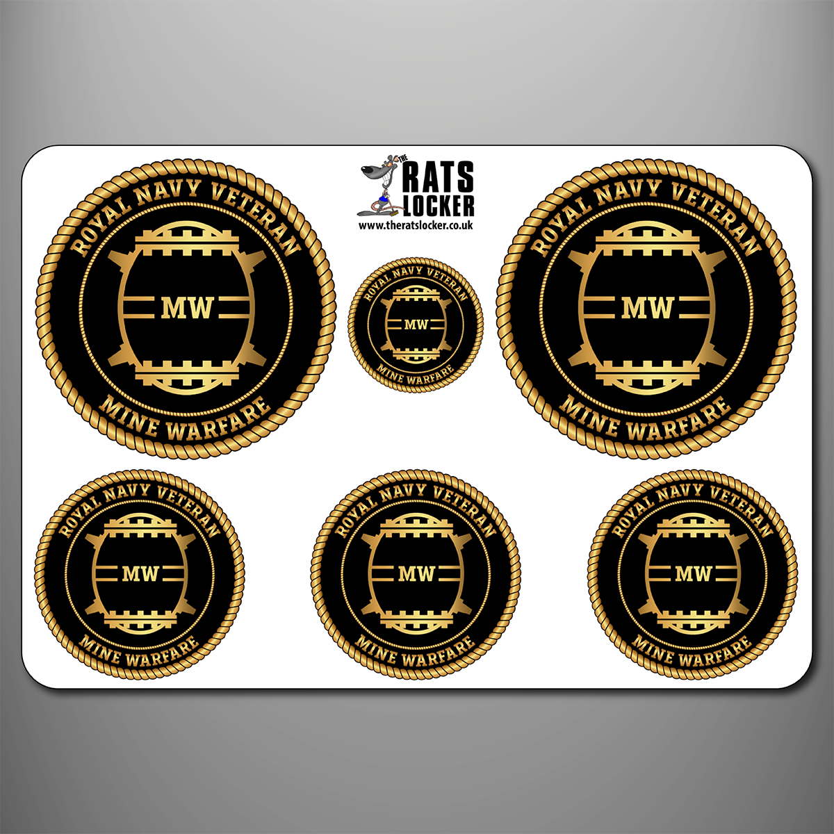 Royal Navy Mine Warfare branch badge self-adhesive sticker sheet with six designs