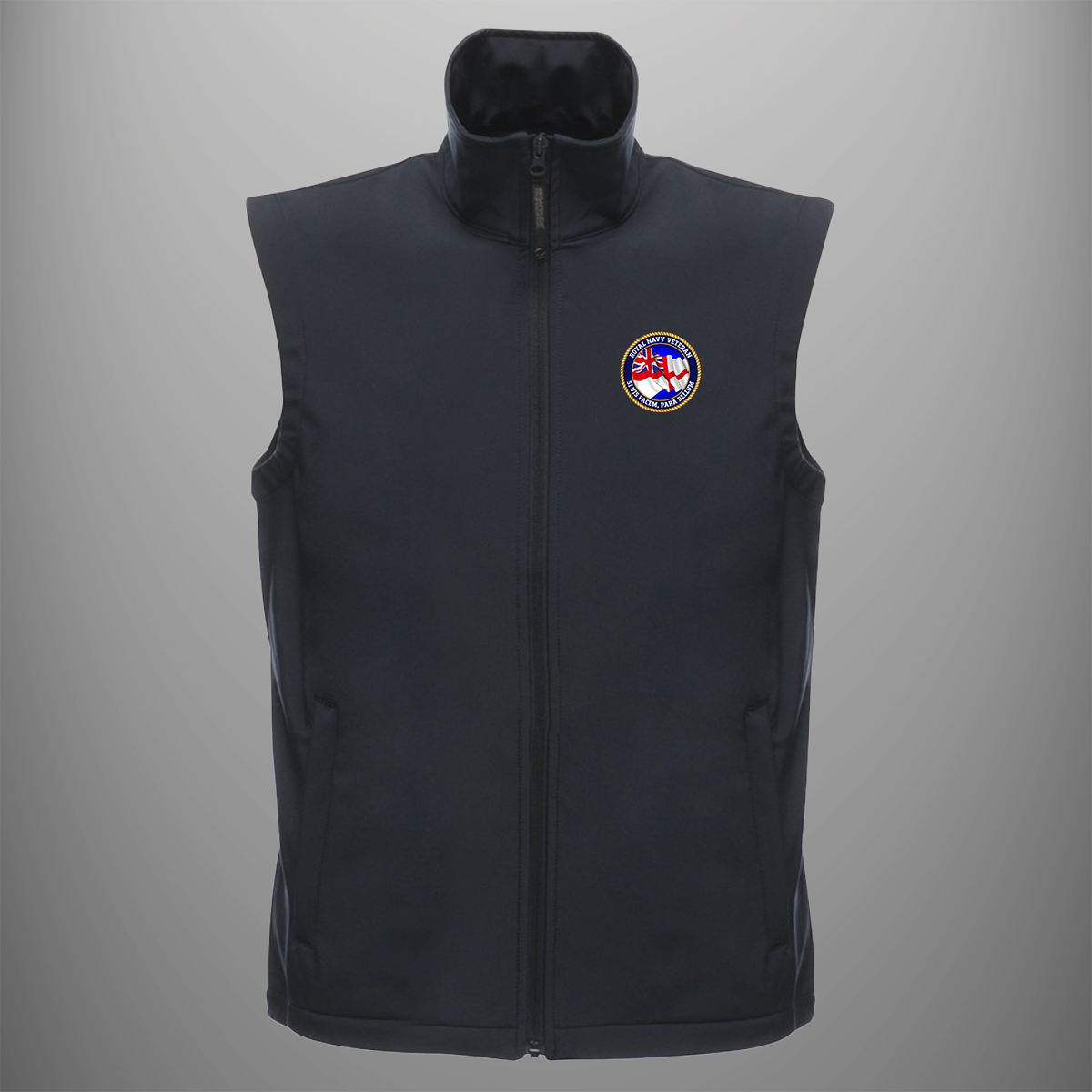 Royal Navy Veteran 'Motto' soft shell body warmer in navy blue — front view