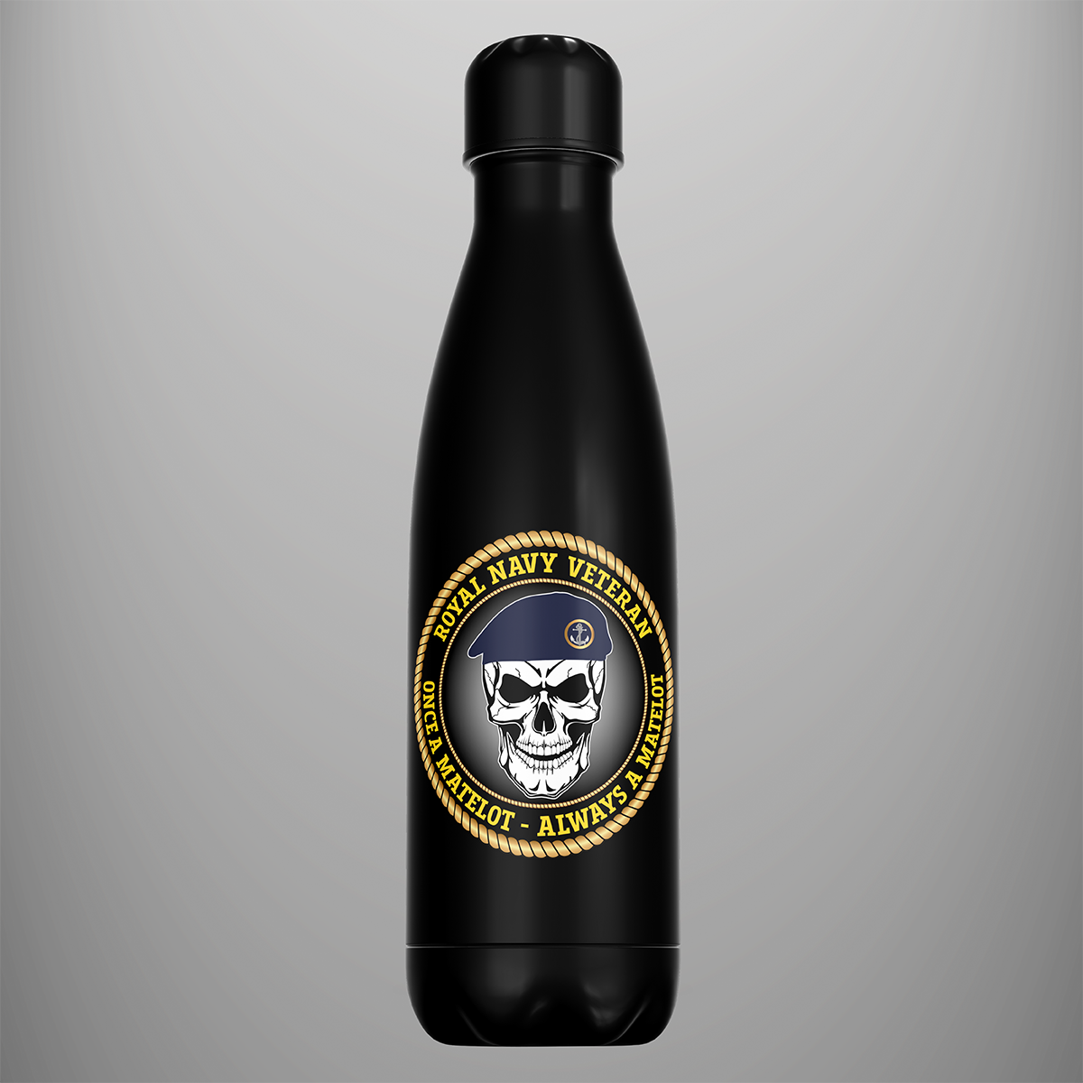 Black Royal Navy Veteran water bottle with Once a Matelot skull and ratings beret design