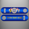 Blue Royal Navy Veteran 'Proud to Have Served' personalised bottle opener with central naval anchor design, heraldic lion and unicorn, White Ensigns and example gold personalisation on reverse