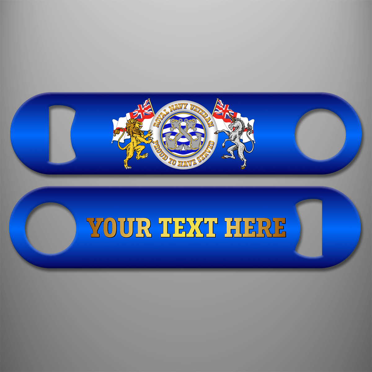 Blue Royal Navy Veteran 'Proud to Have Served' personalised bottle opener with central naval anchor design, heraldic lion and unicorn, White Ensigns and example gold personalisation on reverse