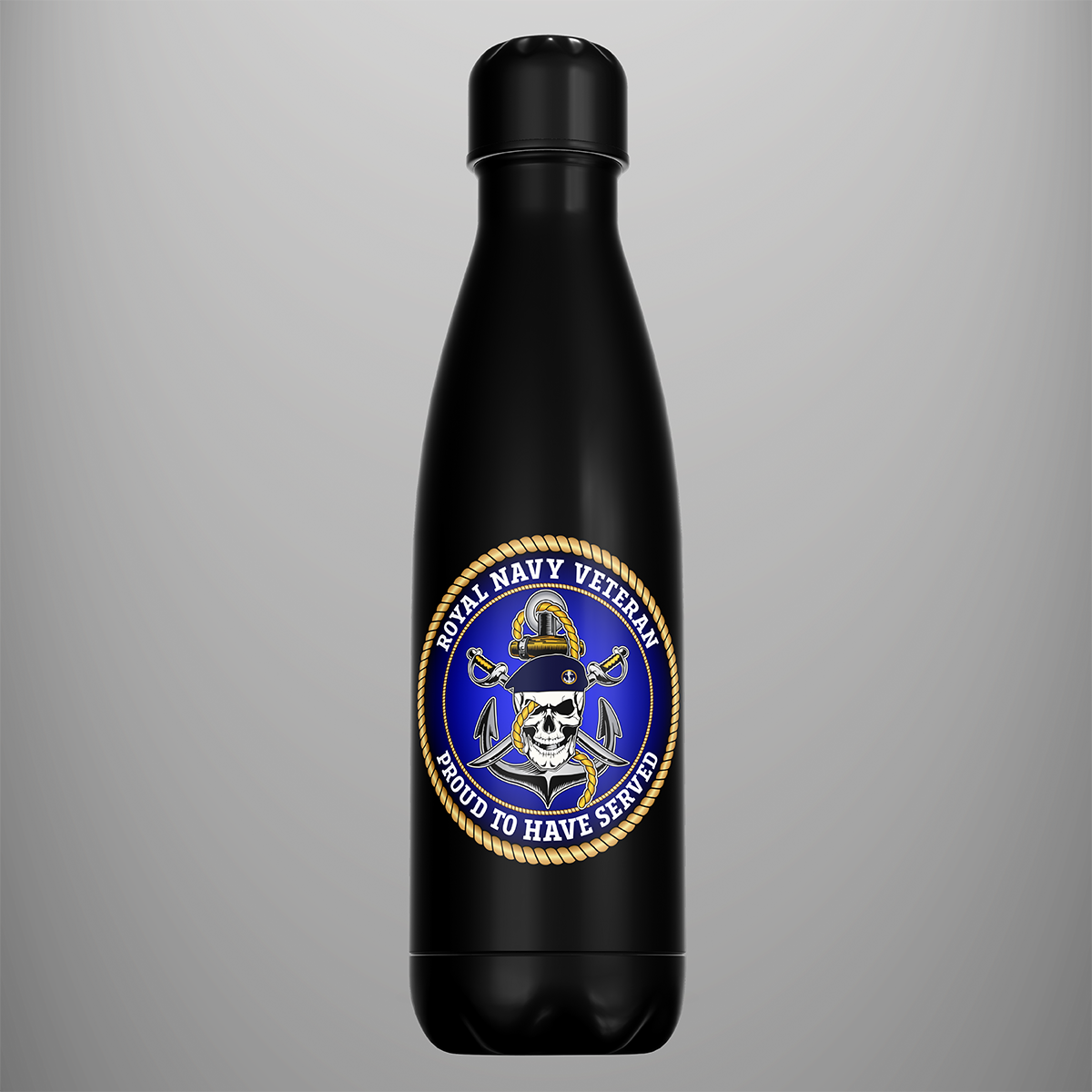 Black Royal Navy Veteran water bottle with Proud to Have Served skull and anchor emblem