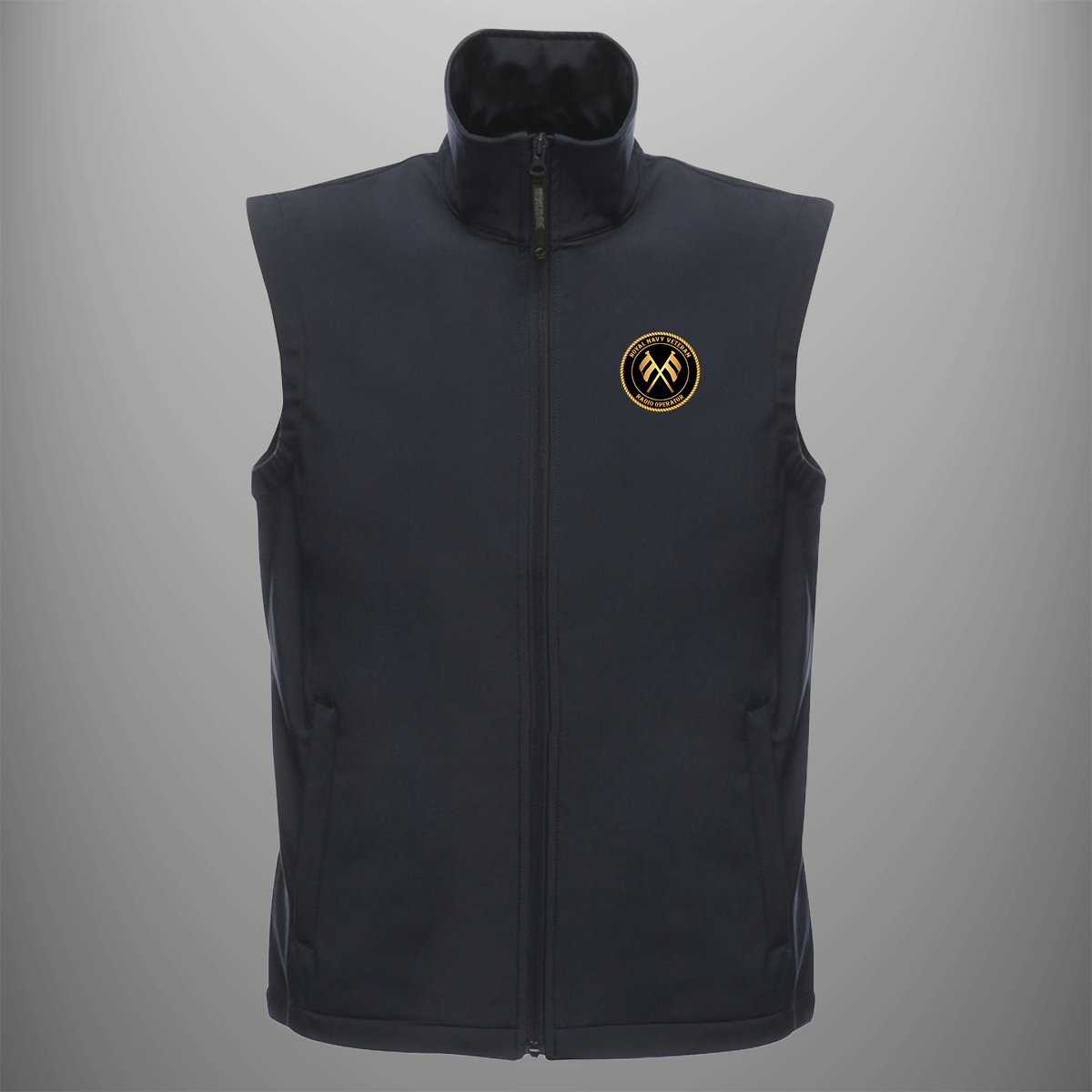 Royal Navy Veteran 'Radio Operator (T)' soft shell body warmer in navy blue — front view