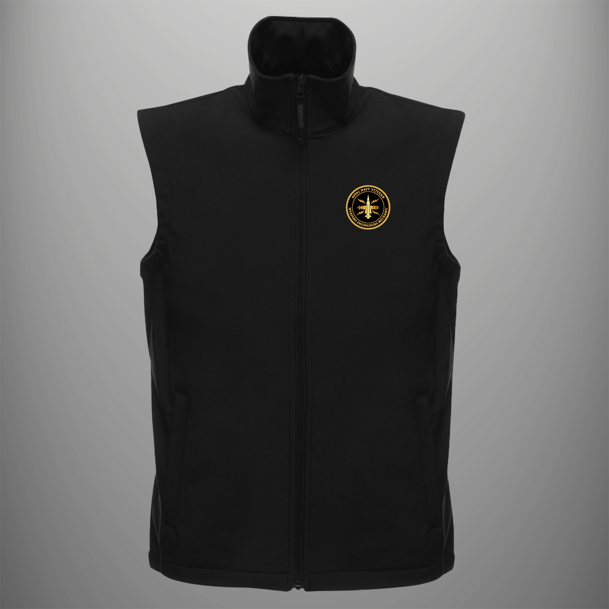 Royal Navy Veteran 'Weapons Engineering Mechanic' soft shell body warmer in black — front view