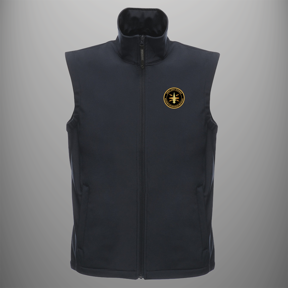 Royal Navy Veteran 'Weapons Engineering Mechanic' soft shell body warmer in navy blue — front view