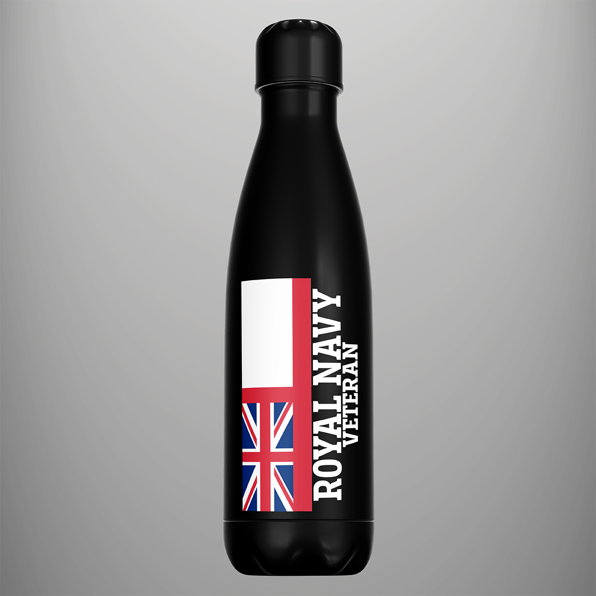 Black Royal Navy Veteran water bottle with vertical White Ensign design