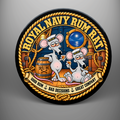 Round Royal Navy Rum Rat Great Company coaster showing two cartoon naval rats with rum beside a barrel, a moonlit porthole, gold rope and anchors