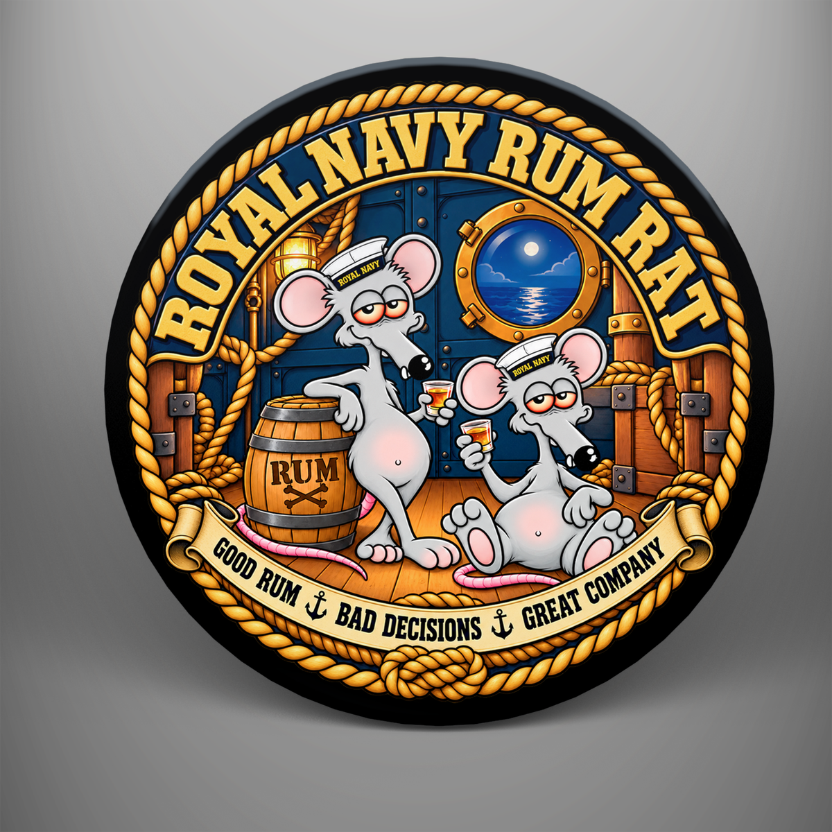 Round Royal Navy Rum Rat Great Company coaster showing two cartoon naval rats with rum beside a barrel, a moonlit porthole, gold rope and anchors