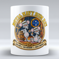 White ceramic mug showing two Royal Navy Rum Rat characters with rum by a barrel, gold rope and Good Rum Bad Decisions Great Company text