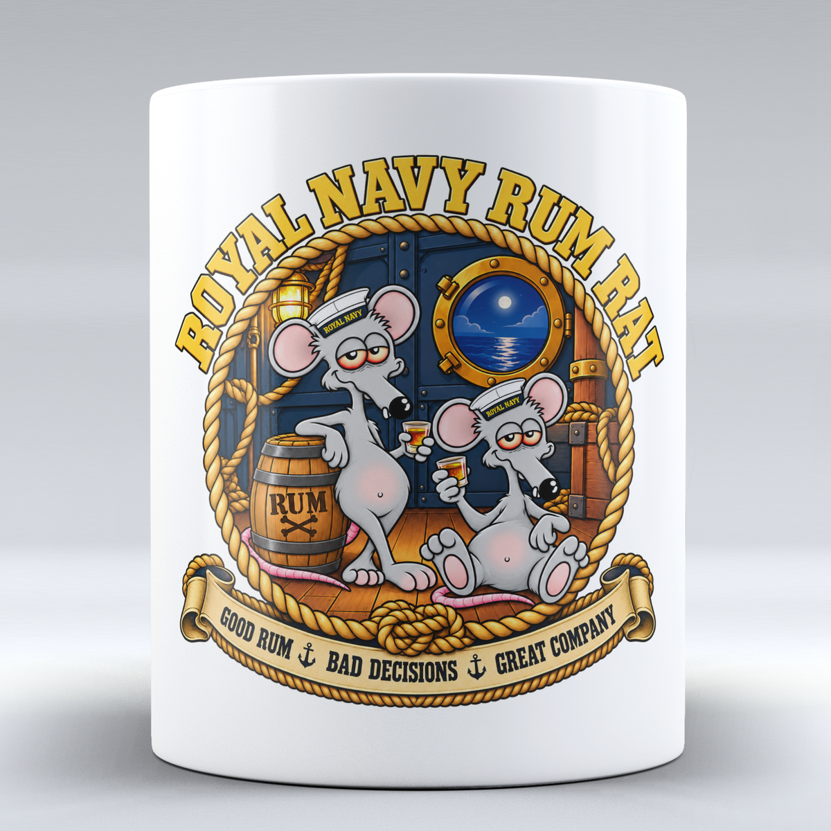 White ceramic mug showing two Royal Navy Rum Rat characters with rum by a barrel, gold rope and Good Rum Bad Decisions Great Company text