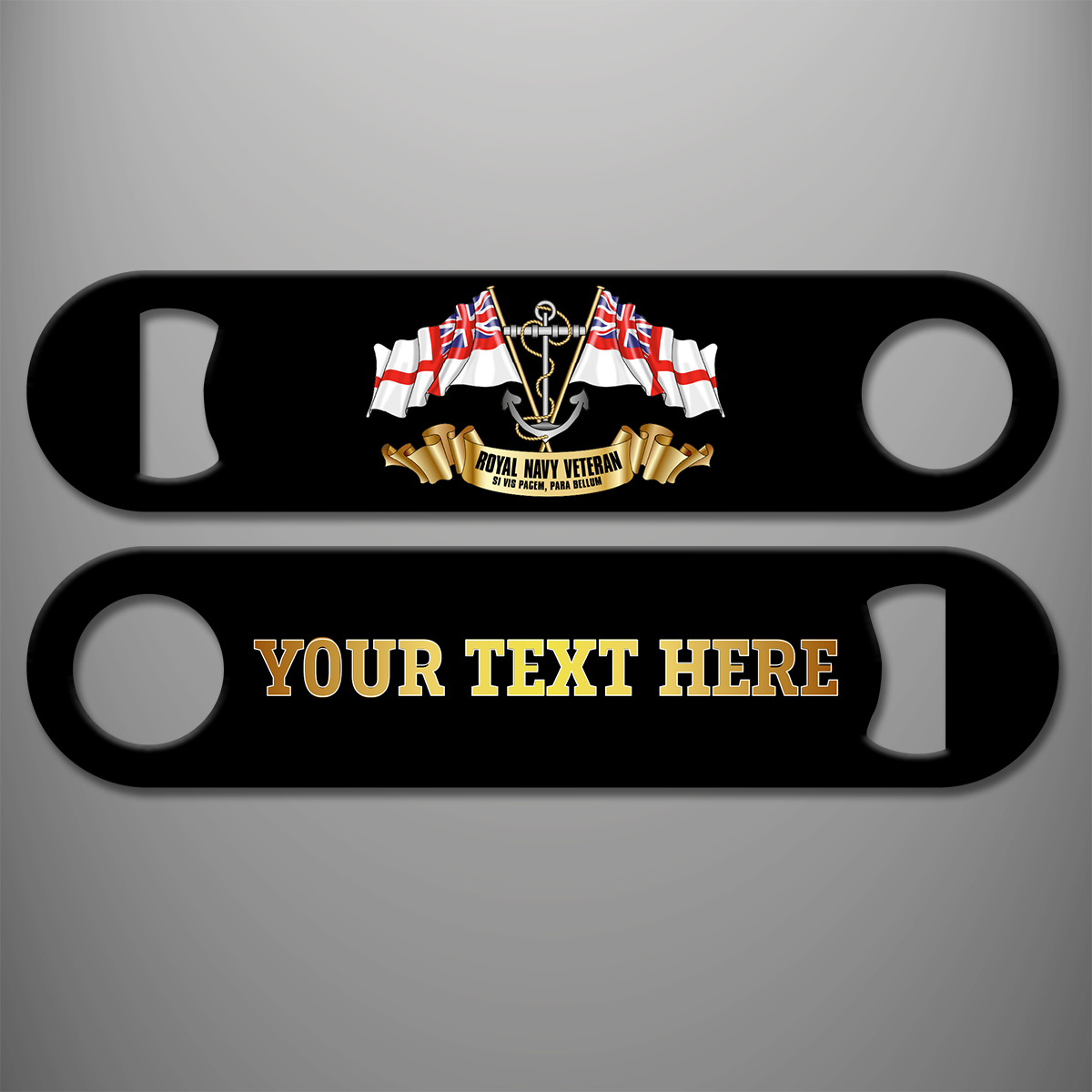 Royal Navy Veteran black personalised bottle opener front and reverse with YOUR TEXT HERE placeholder