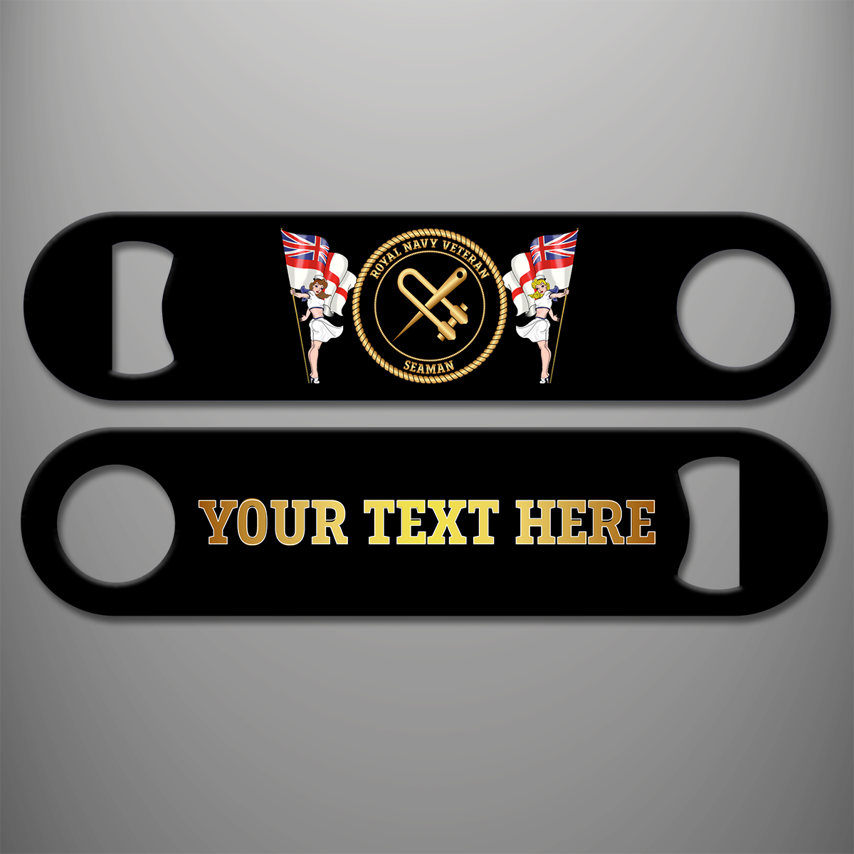Royal Navy Veteran Seaman personalised bottle opener with branch badge and gold personalised text example on the reverse
