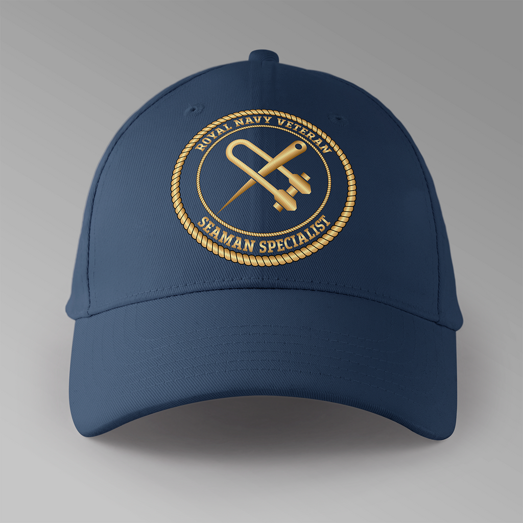 Royal Navy Veteran 'Seaman Specialist' — Seaman Specialist personalised baseball cap in navy blue — front view