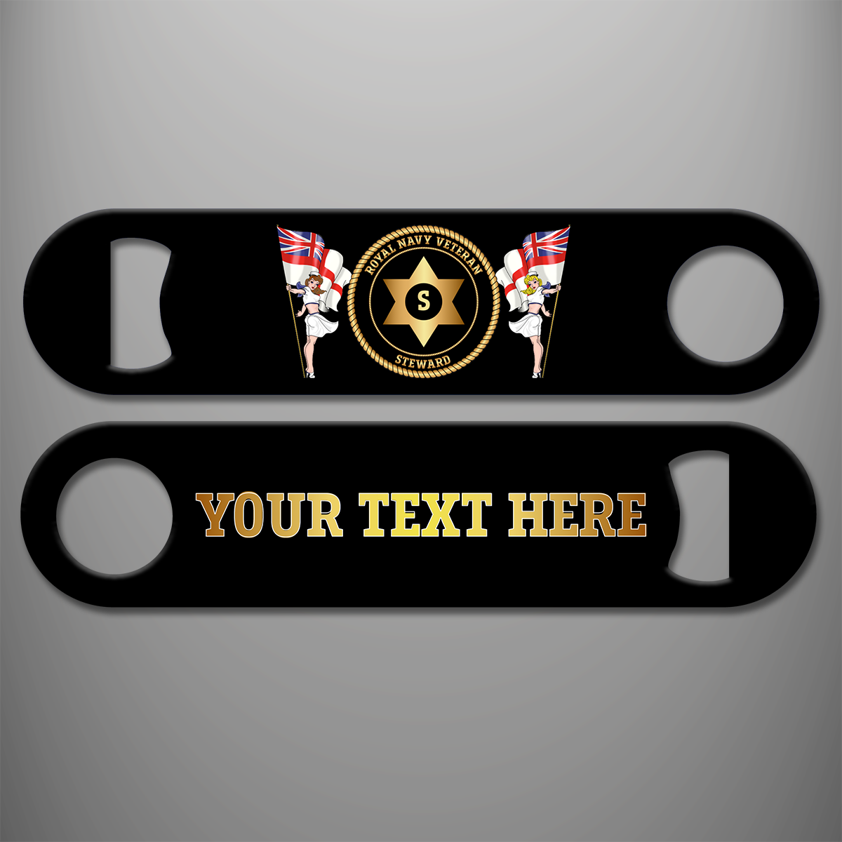 Royal Navy Veteran Steward personalised bottle opener with branch badge and gold personalised text example on the reverse