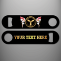 Royal Navy Veteran Stoker personalised bottle opener with branch badge and gold personalised text example on the reverse