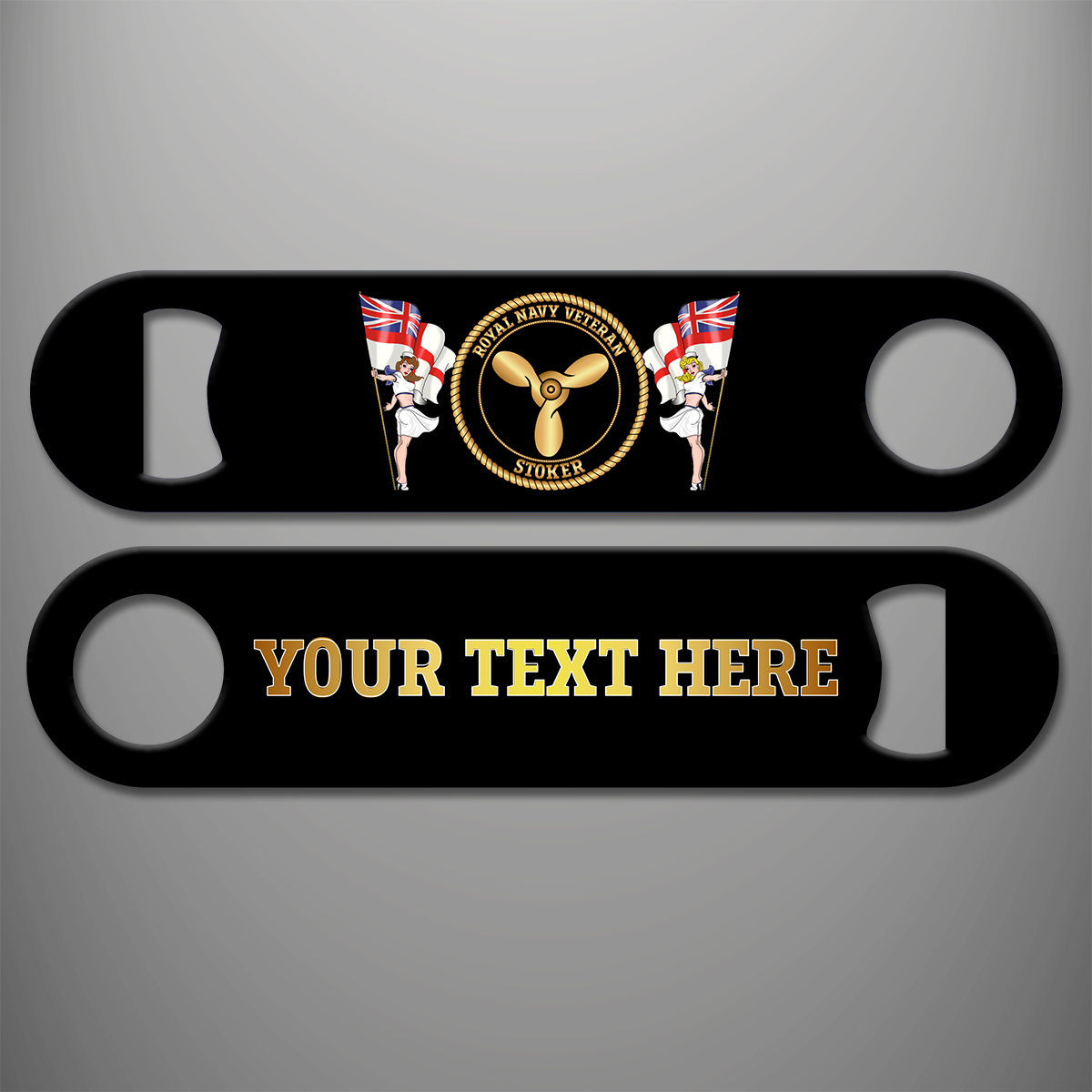 Royal Navy Veteran Stoker personalised bottle opener with branch badge and gold personalised text example on the reverse