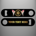 Royal Navy Veteran Stores Accountant personalised bottle opener with branch badge and gold personalised text example on the reverse