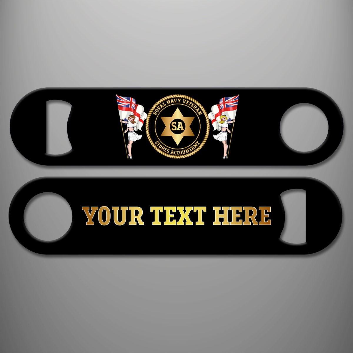 Royal Navy Veteran Stores Accountant personalised bottle opener with branch badge and gold personalised text example on the reverse