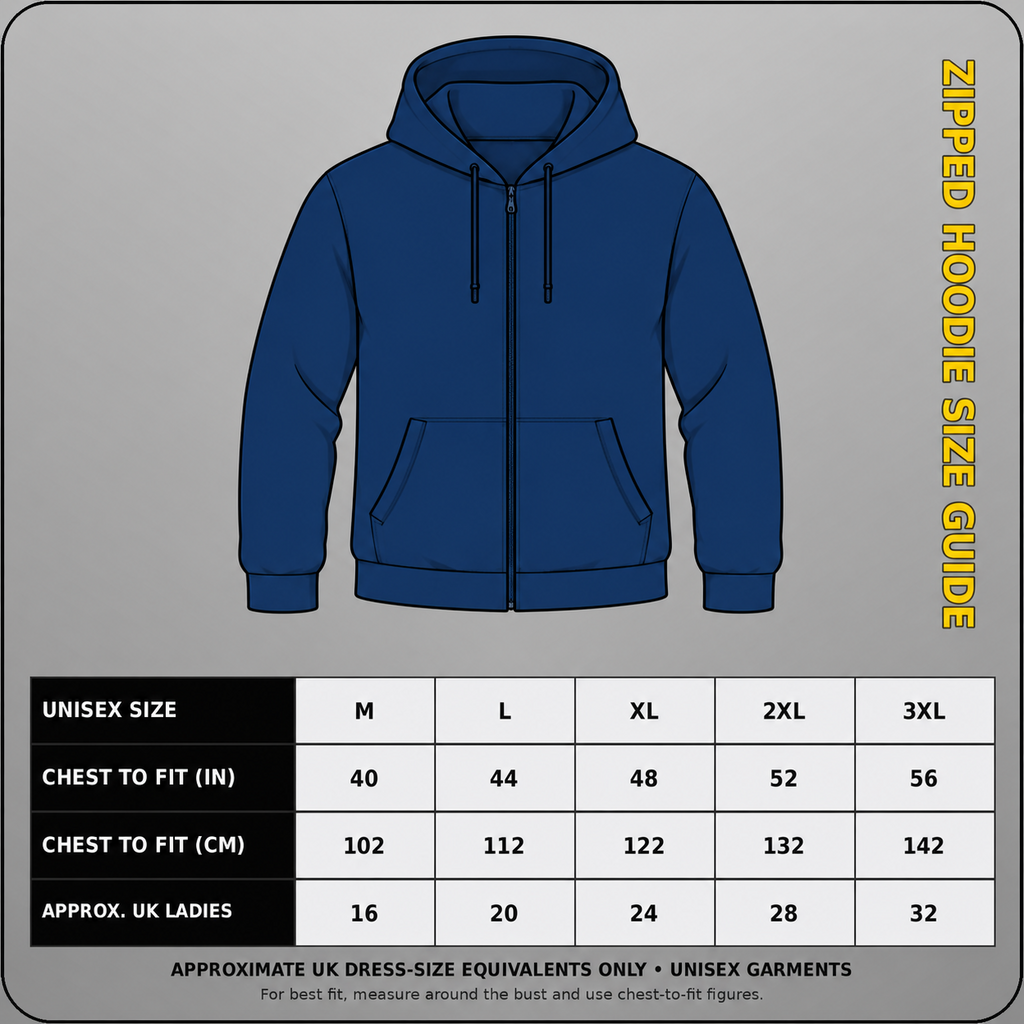 Approved JH150 unisex zipped hoodie size guide, M to 3XL, with chest-to-fit measurements in inches and centimetres and approximate UK ladies equivalents.