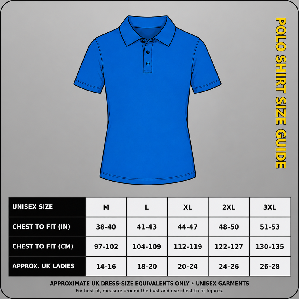 Approved RX101 unisex polo shirt size guide, M to 3XL, with chest-to-fit measurements in inches and centimetres and approximate UK ladies equivalents.