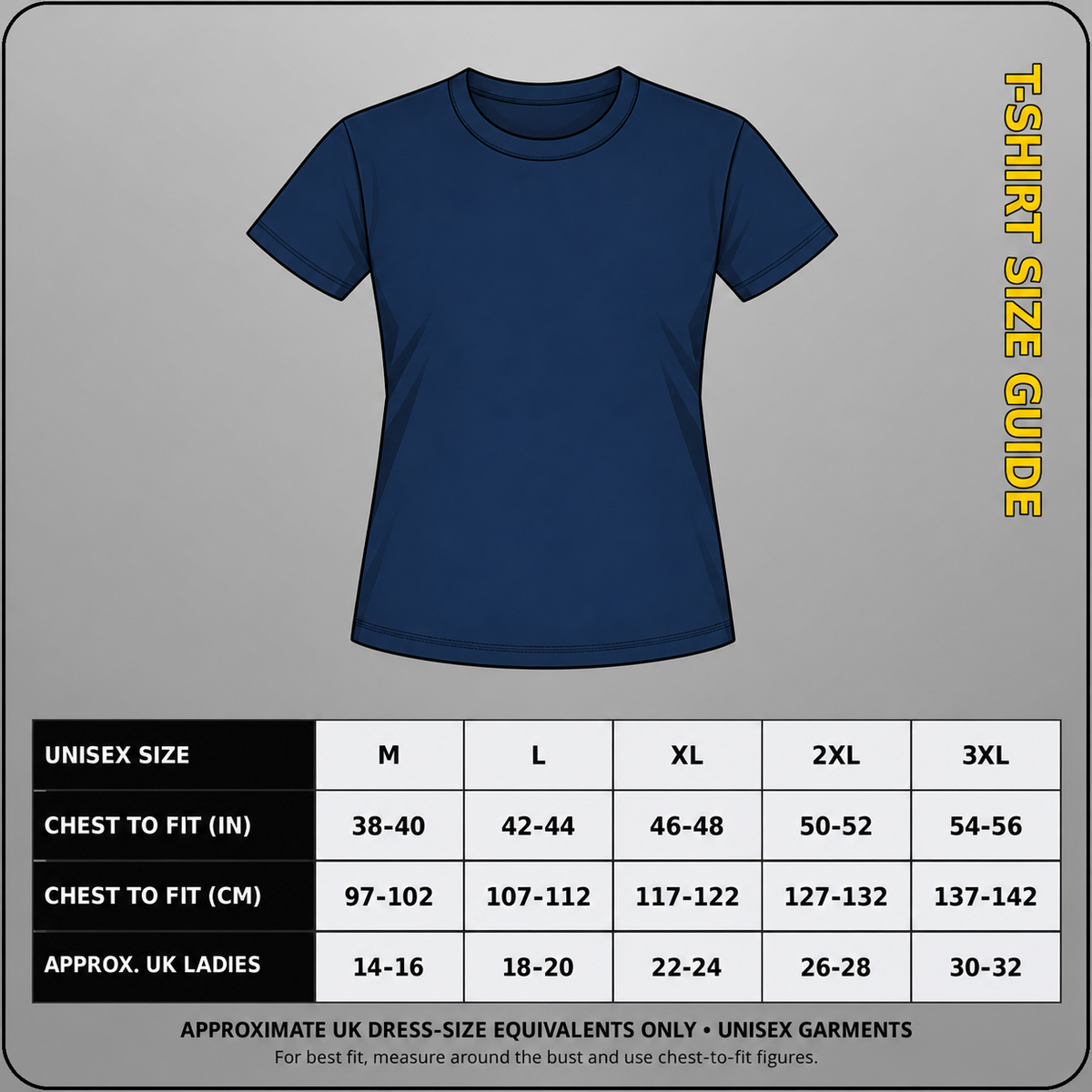 GD02 unisex T-shirt size guide showing chest-to-fit measurements in inches and centimetres, sizes M to 3XL, with approximate UK ladies' size equivalents.