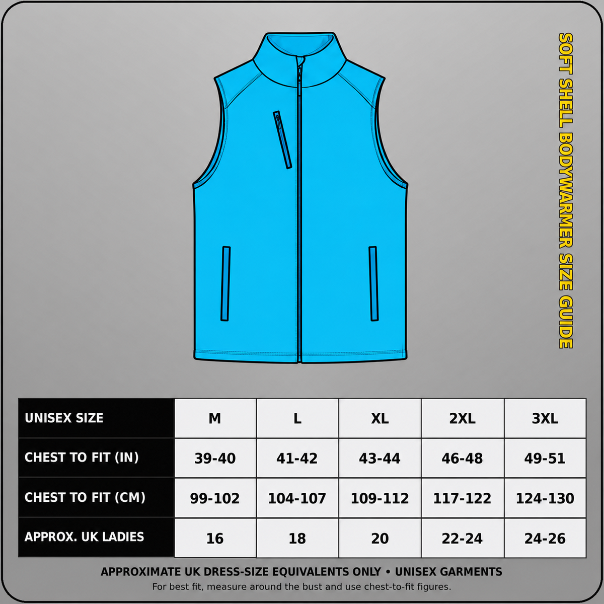 Regatta Flux RG154 soft shell bodywarmer size guide showing unisex chest-to-fit measurements in inches and centimetres, sizes M to 3XL, with approximate UK ladies' size equivalents.