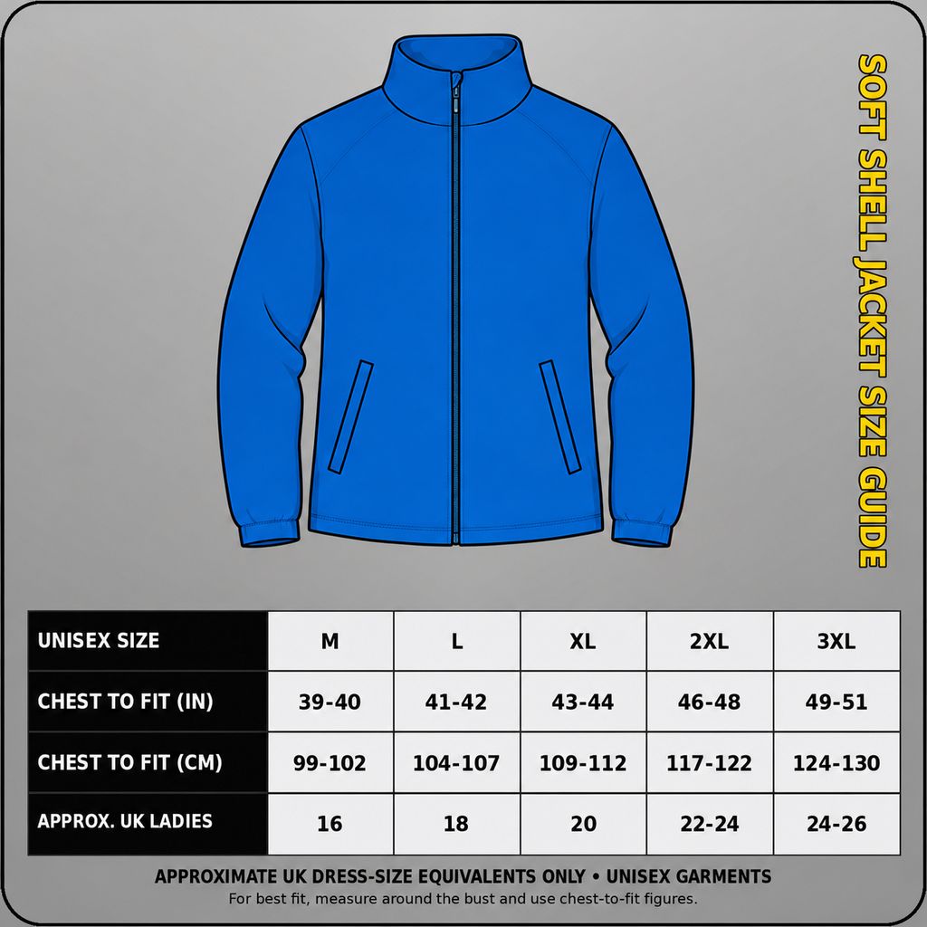 Regatta Ablaze RG631 soft shell jacket size guide showing unisex chest-to-fit measurements in inches and centimetres, sizes M to 3XL, with approximate UK ladies' size equivalents.