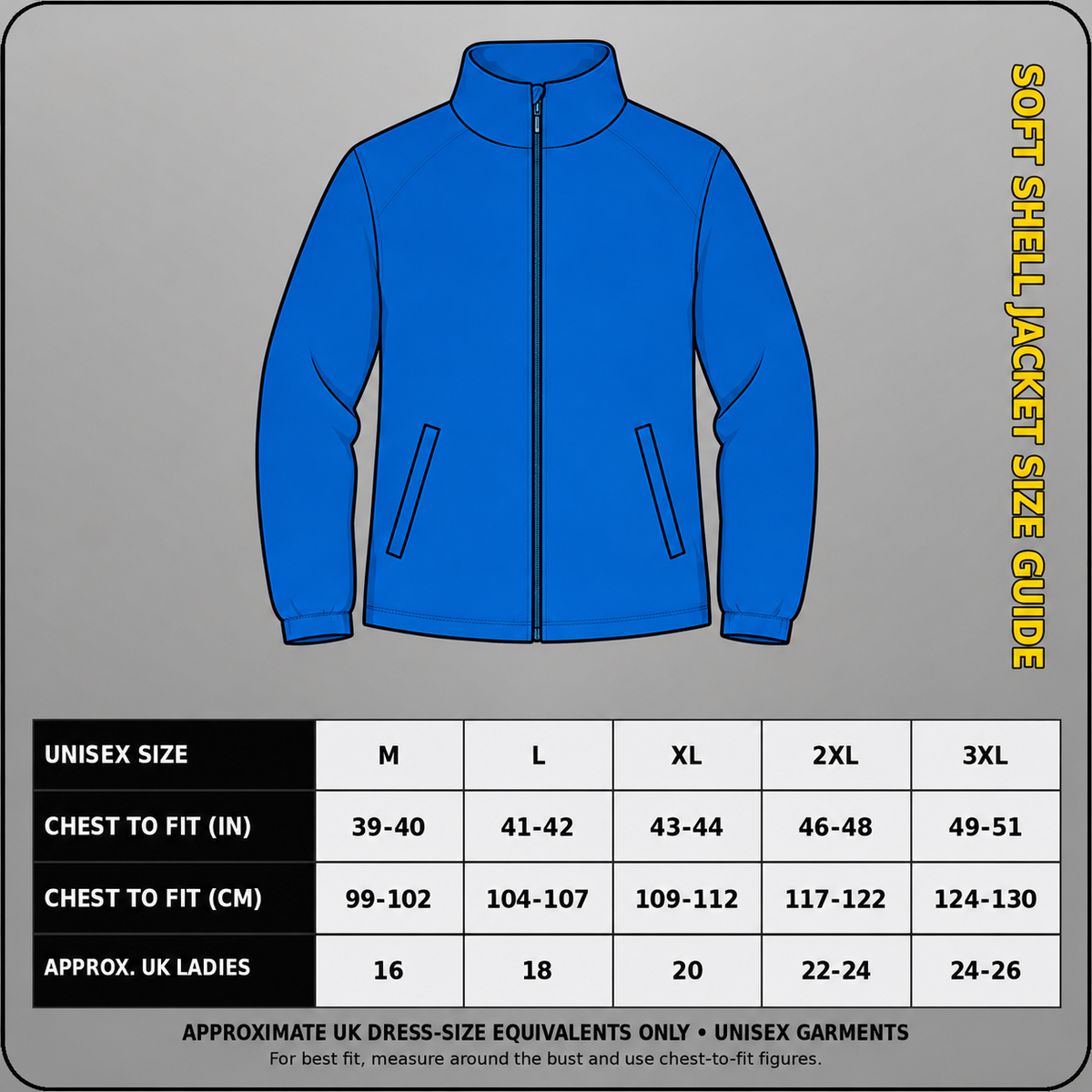 Regatta Ablaze RG631 soft shell jacket size guide showing unisex chest-to-fit measurements in inches and centimetres, sizes M to 3XL, with approximate UK ladies' size equivalents.