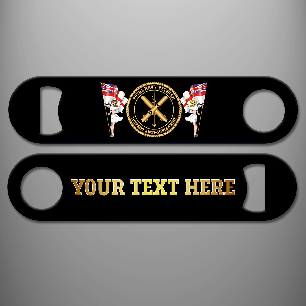 Royal Navy Veteran Torpedo Anti-Submarine personalised bottle opener with branch badge and gold personalised text example on the reverse